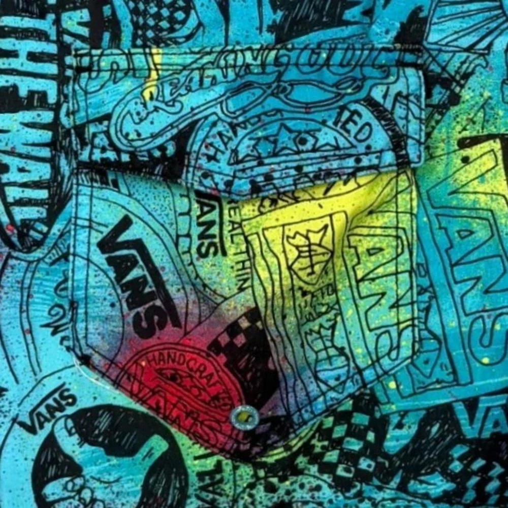 Vans Board Shorts Mens 40 Blue Black Graffiti Print Swim Trunks Skate